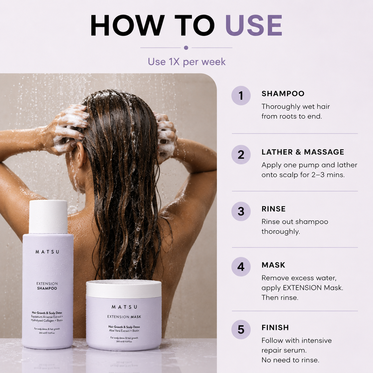 How-to-use infographic for Matsu hair care products, showing a woman with wet hair from behind holding shampoo lather, with two Matsu bottles and jars in front and five step-by-step instructions on the right.