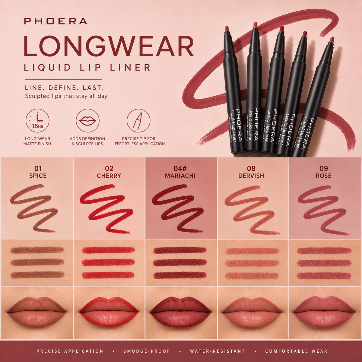 Phoera Liquid Lip Liner Waterproof, 24 Hour Wear