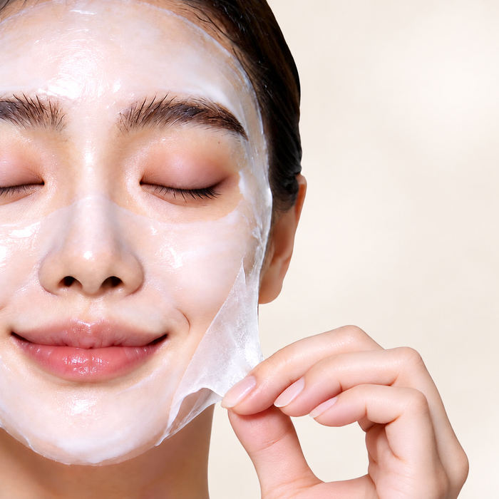 Woman peeling a face mask against a warm beige background