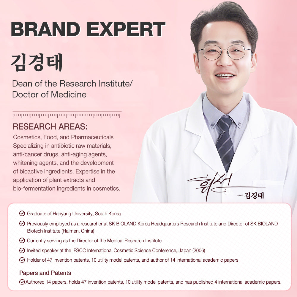 Person in a white coat with educational and professional details on a pink background