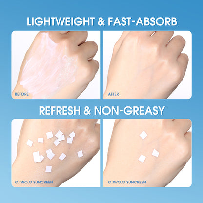 Before and after comparison of a hand applying sunscreen with text 'Lightweight & Fast-Absorb, Refresh & Non-Greasy'.