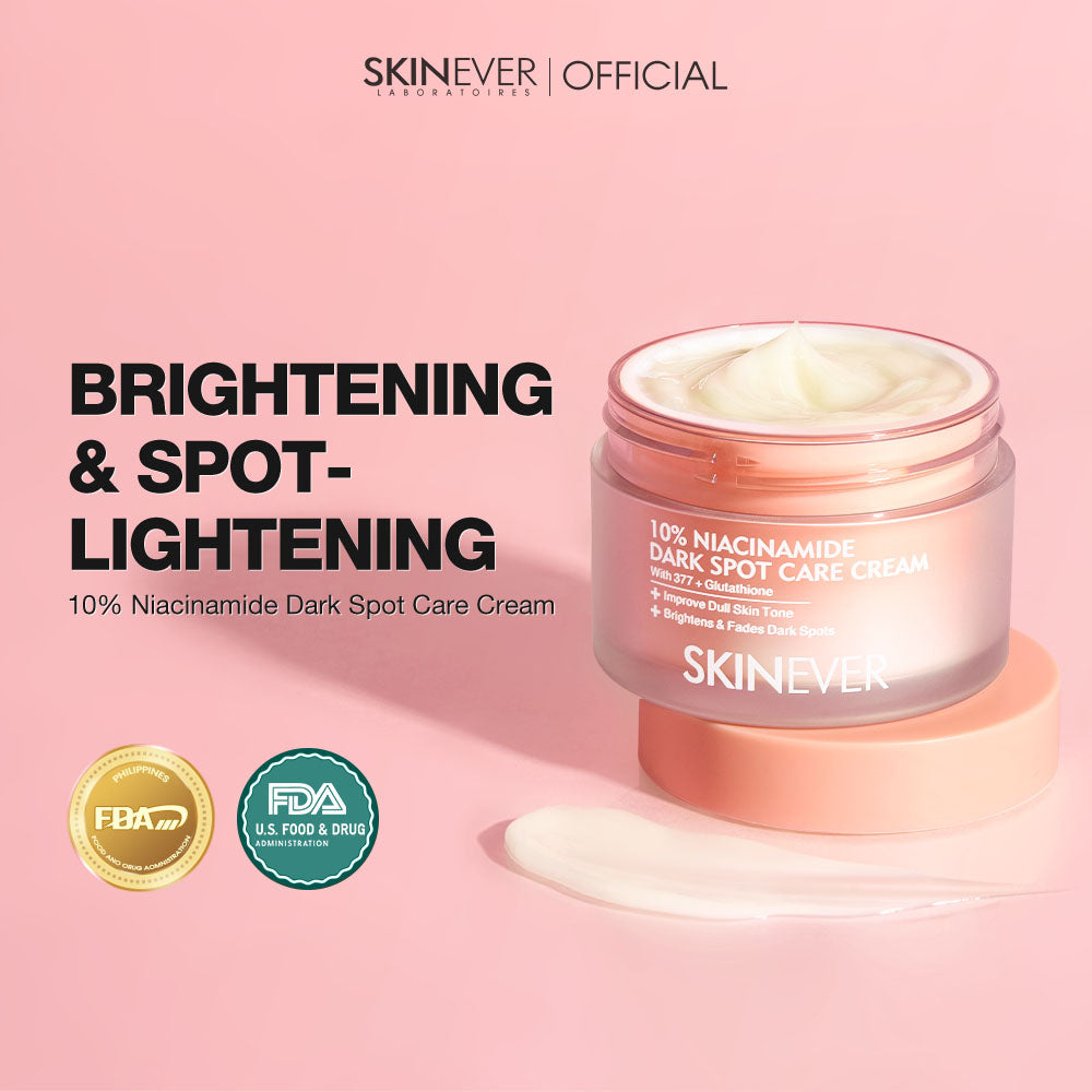 SKINever brightening and spot-lightening cream jar on a pink background with certification logos.
