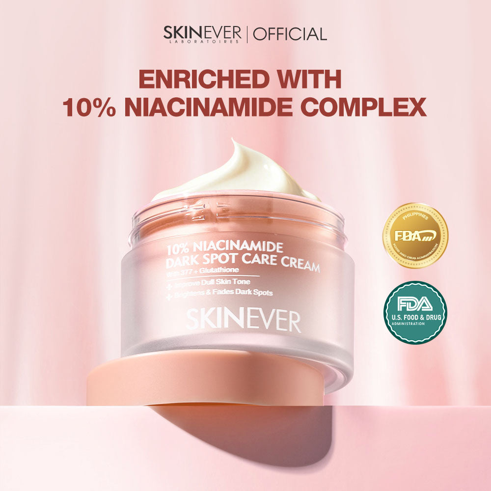 Skinnerver dark spot care cream jar with cream on top on a pink background