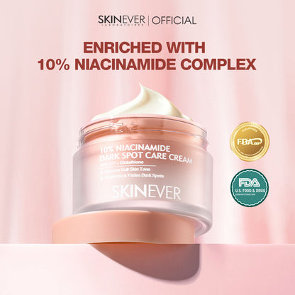 Skinnerver dark spot care cream jar with cream on top on a pink background