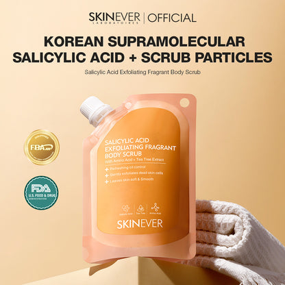 SKINever Korean Supramolecular Salicylic Acid + Scrub Particles packaging on a beige background