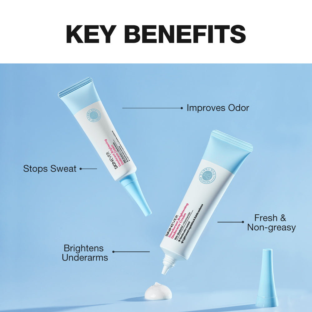 Two tubes of a cosmetic product with labeled benefits on a blue background
