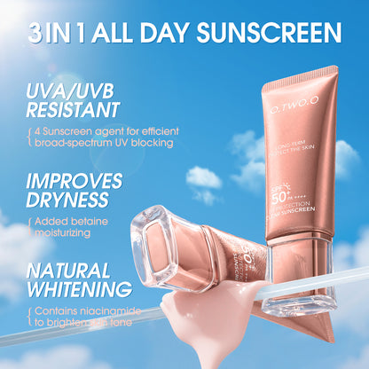 Two sunscreen products with text highlighting features on a blue sky background