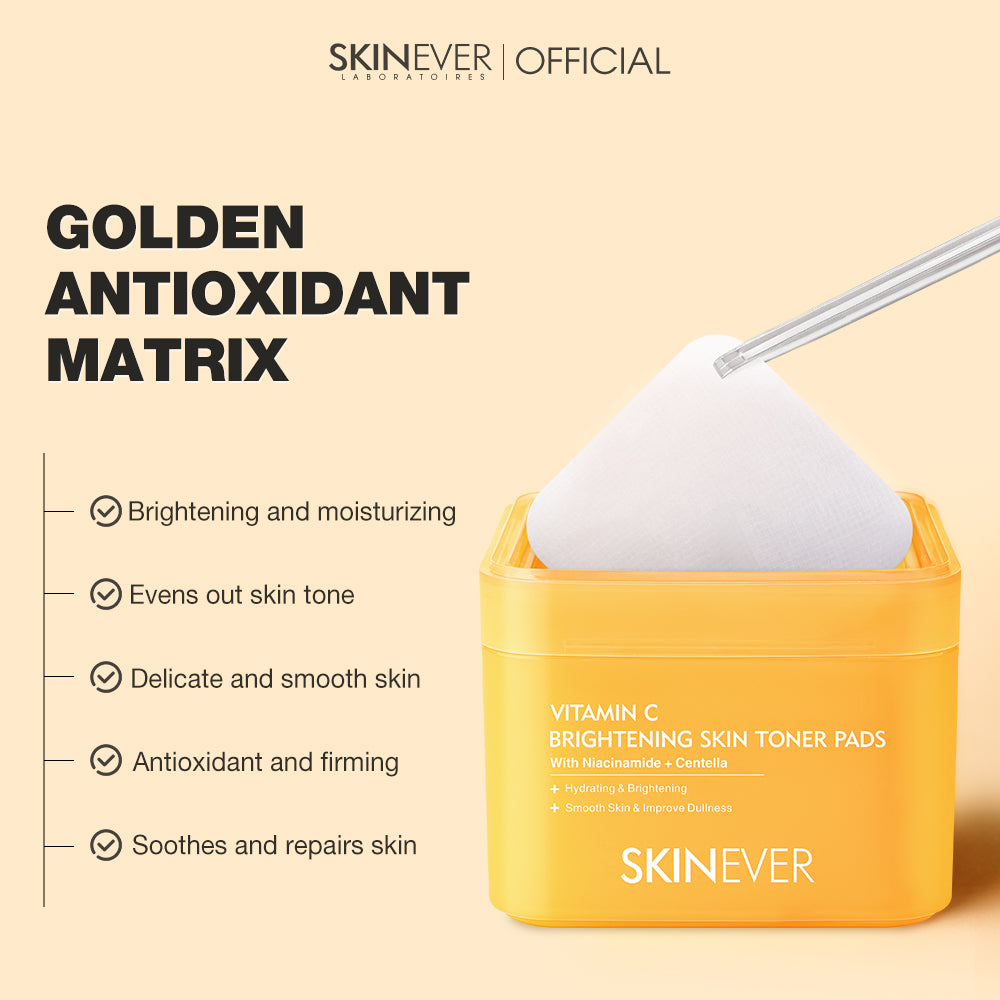 SKINEVER Vitamin C Brightening Skin Toner Pads with text on a beige background