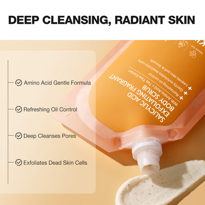 Skincare product packaging with text highlighting features on a beige background