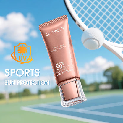 O.TWO.O sunscreen tube with tennis racket and ball on a tennis court background