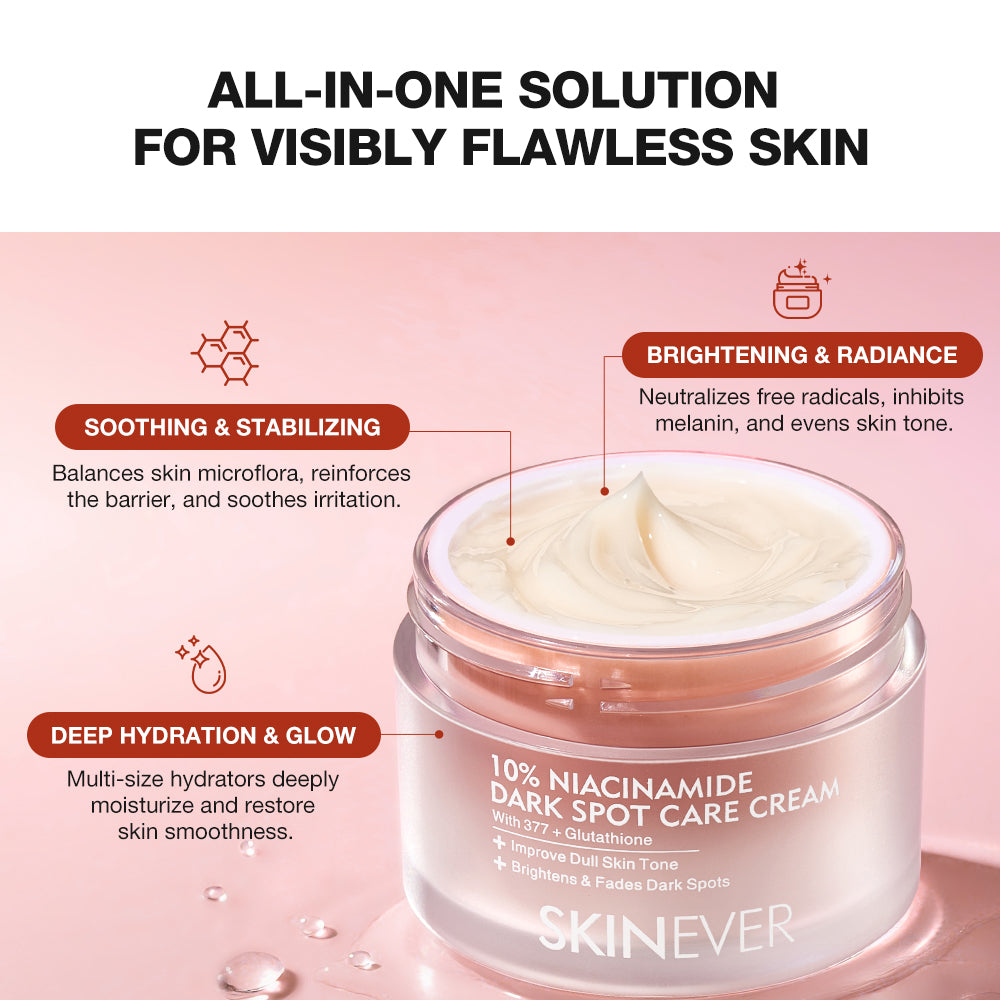 Skinever dark spot care cream jar with text on a pink background
