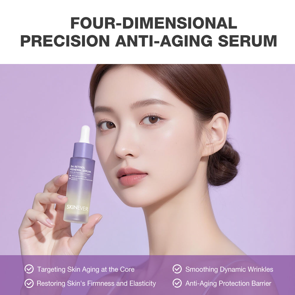 Woman holding a bottle of 'Skin&You' four-dimensional precision anti-aging serum against a purple background.