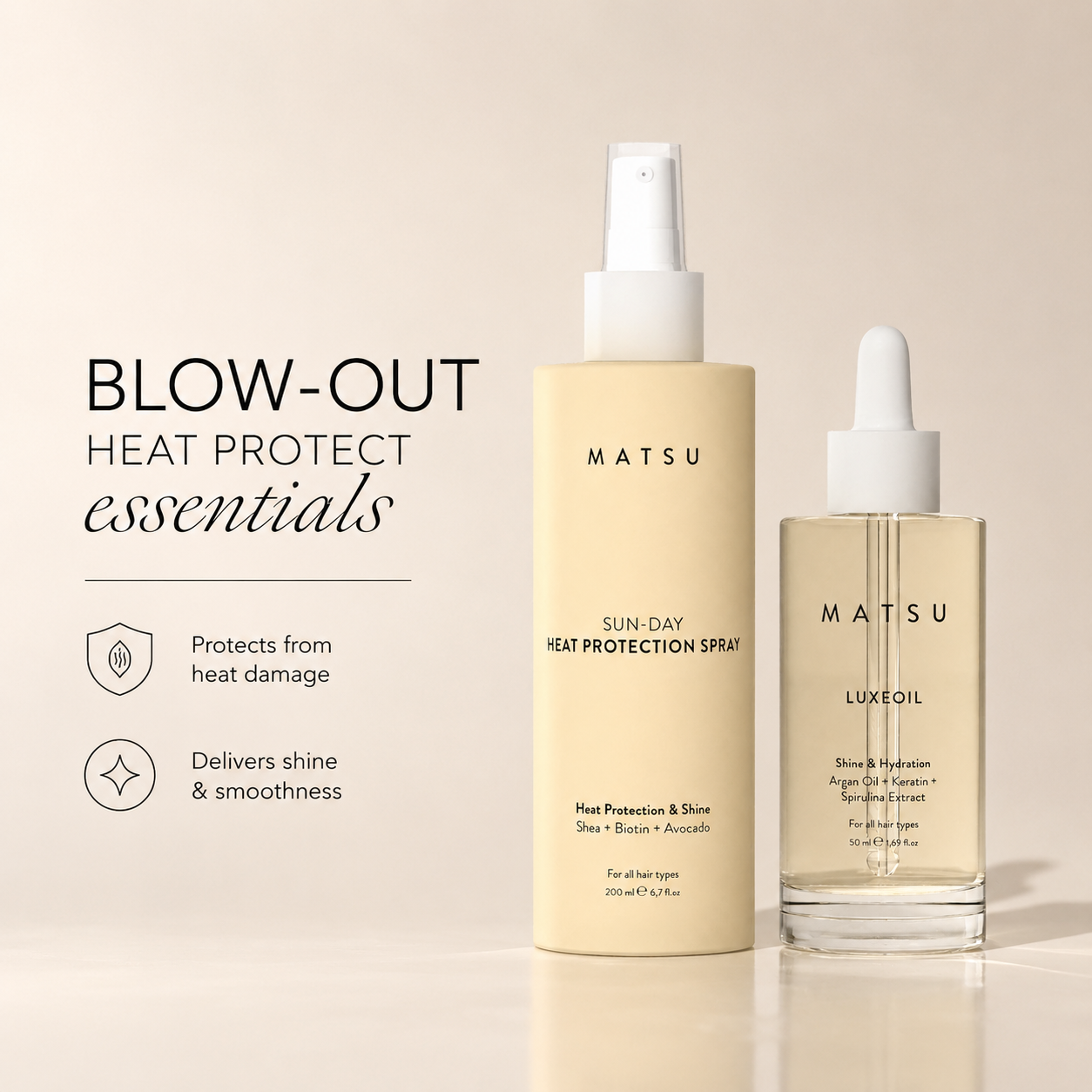 2pc Blow-out Heat Protect essentails- Sunday Spray + Lux oil