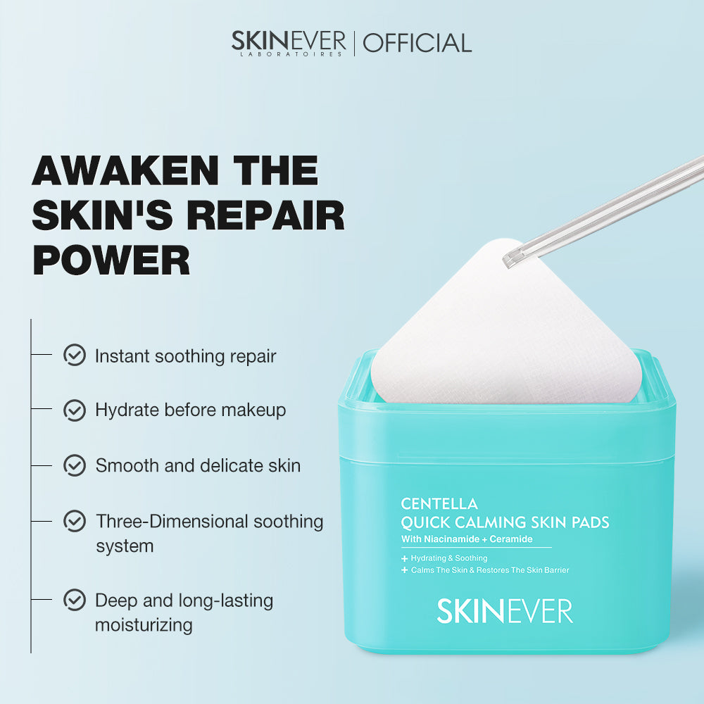 SKINEVER product with text highlighting features on a light blue background