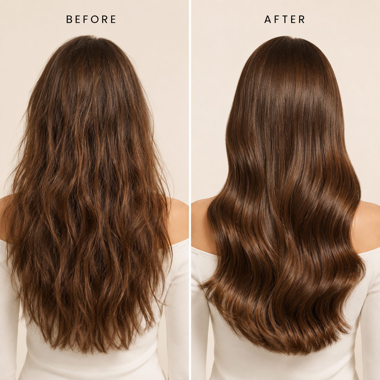 Before and after hair transformation comparison showing a woman from the back with long, wavy brown hair that appears frizzy on the left and smooth, shiny, and well-defined on the right.