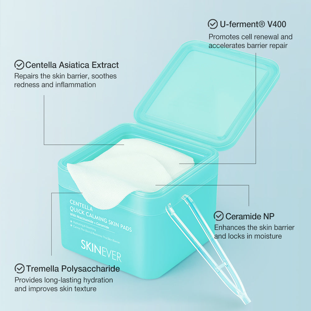 SKINever quick calming skin pads with product features on a light blue background