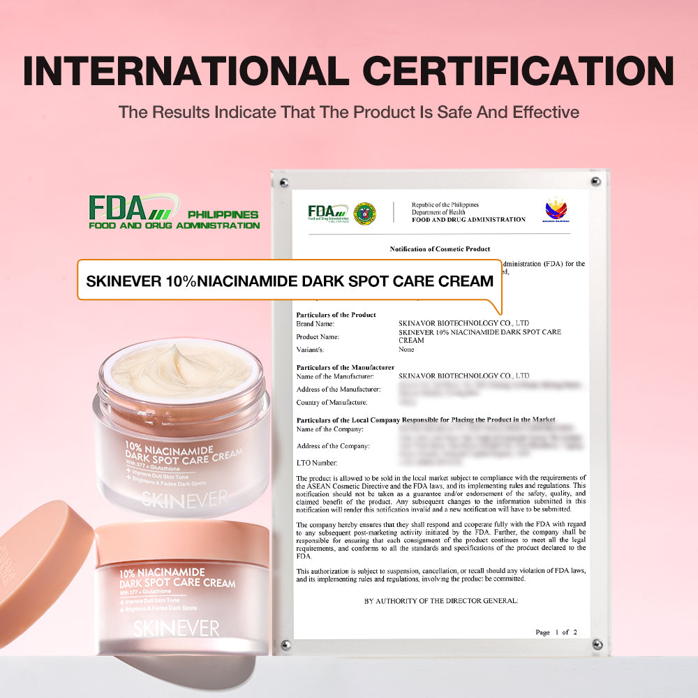 Skincare cream jars with FDA certification on a pink background