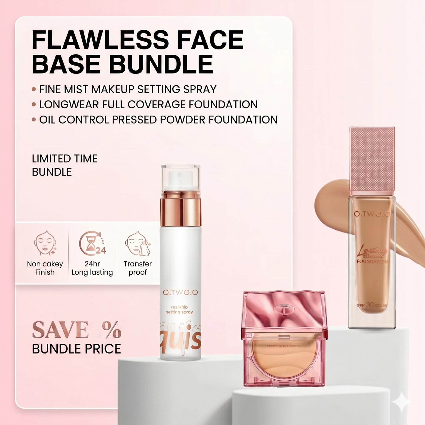 O.TWO.O Flawless Face Base Bundle- Foundation, Compact Powder, Setting Spray