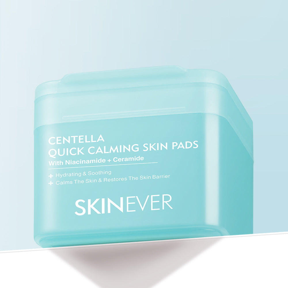 SKINEVER Centella Quick Calming Skin Pads packaging on a light blue background