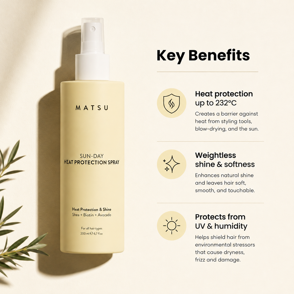 A bottle of MATSU Sun-Day Heat Protection Spray stands on a cream background beside a 'Key Benefits' text panel. The bottle is pale yellow with a white pump.