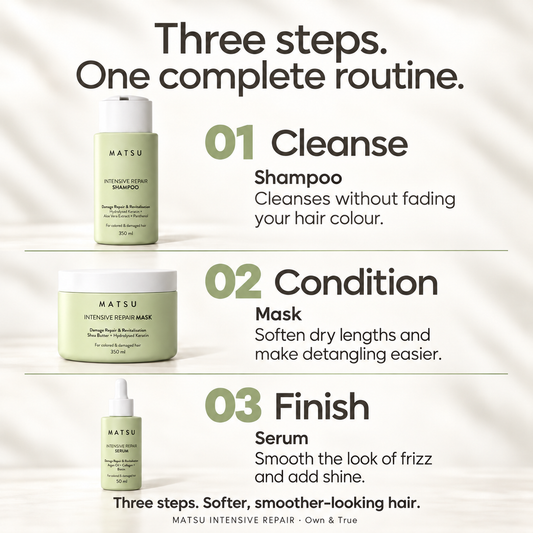 Three steps: colour-care shampoo, conditioning mask and smoothing serum