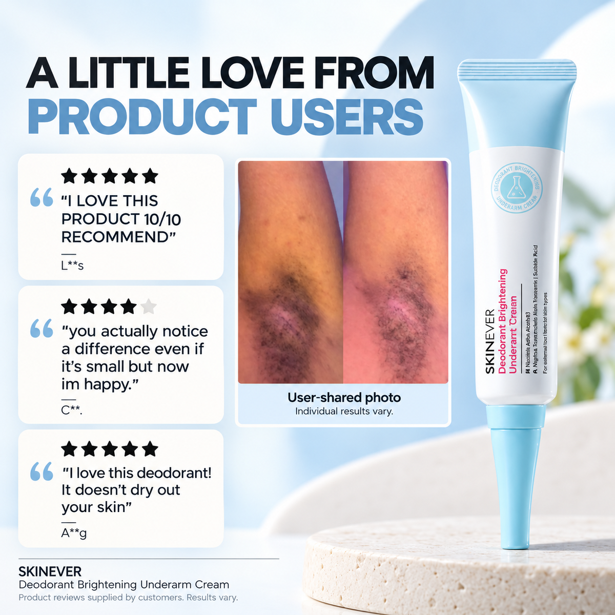 SKINEVER deodorant cream: three product reviews and user-shared comparison photo. Individual results vary.