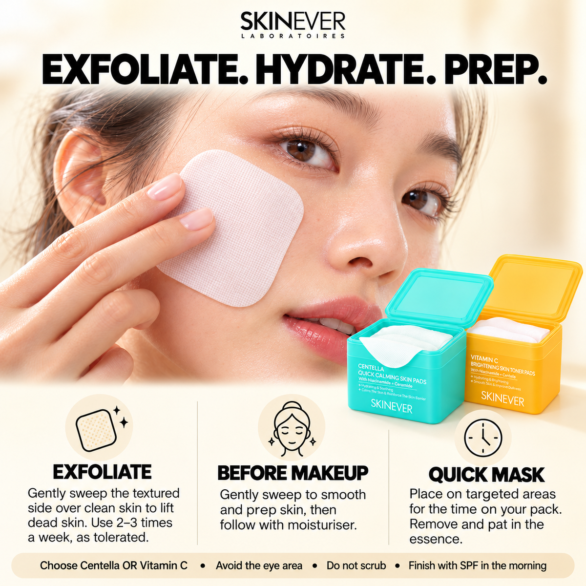 SKINEVER toner pads exfoliation two to three times weekly, makeup prep and masking guide